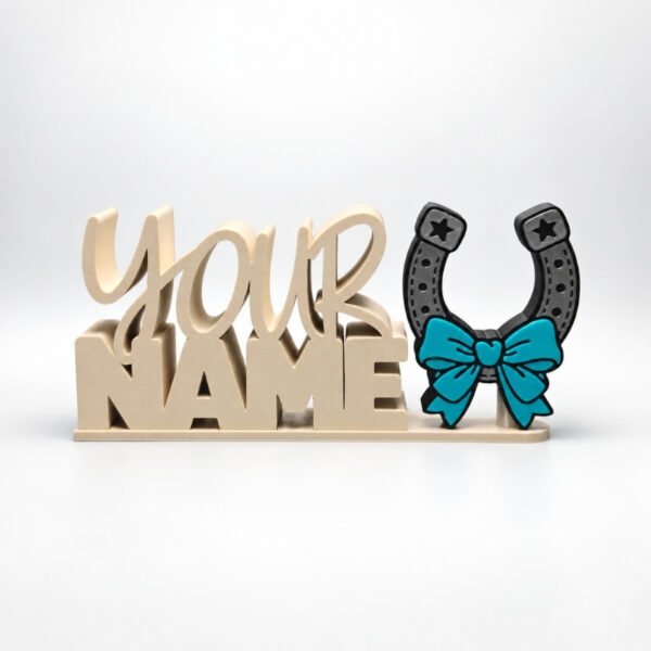 Personalized Namelet name plate with turquoise bow on a silver horeshoe