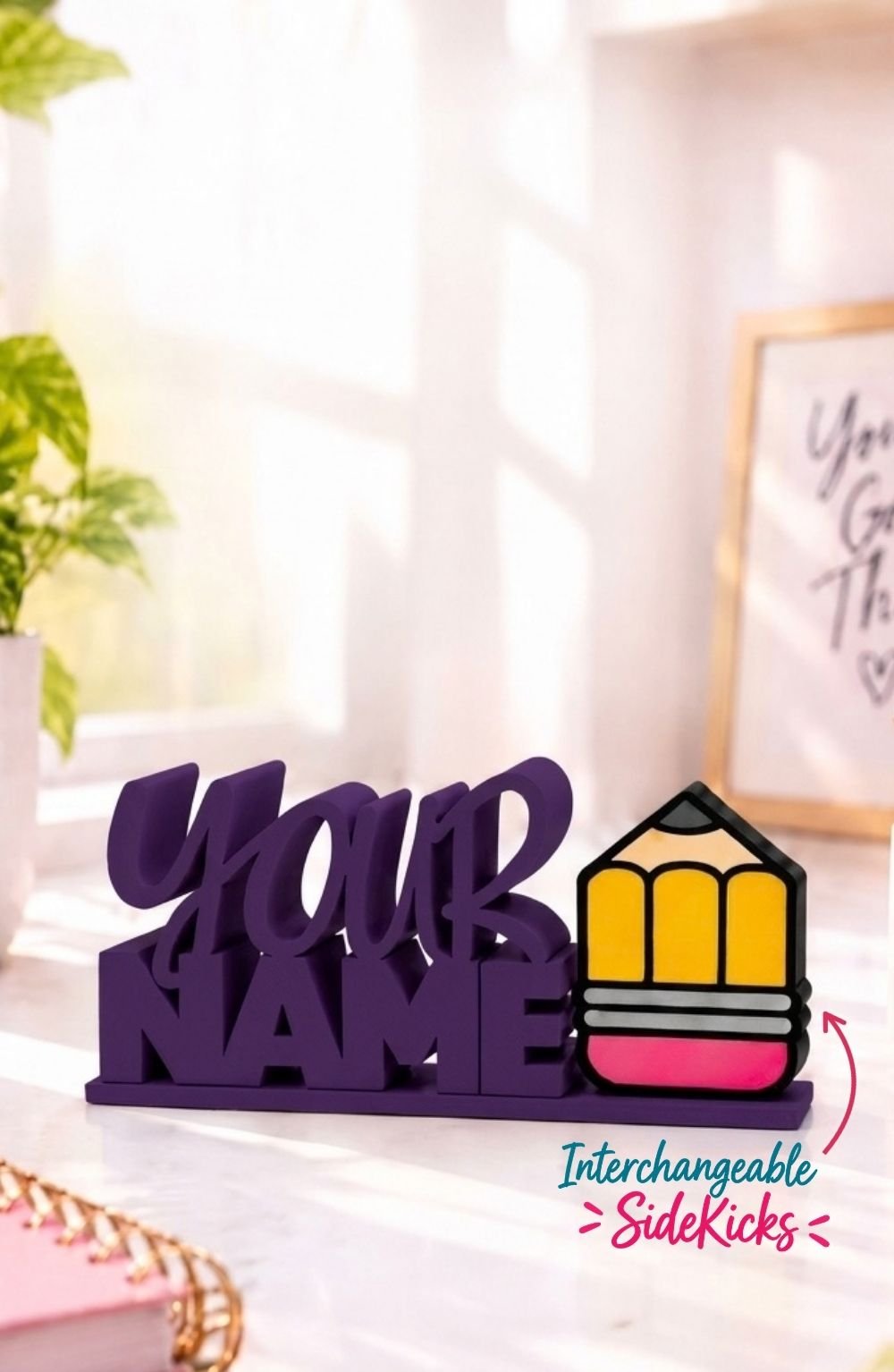 Personalized purple Namelet name plate and desk sign with interchangeable pencil Sidekick, designed as a custom stacked name display for desks, offices, classrooms, and gifts.