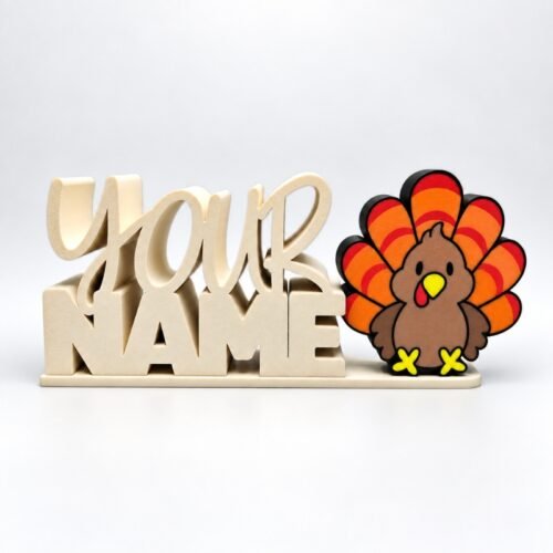 Personalized “YOUR NAME” Namelet desk sign with a colorful turkey SideKick on a cream base.