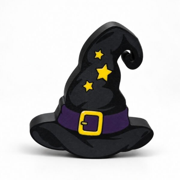 Witch Hat with yellow stars, yellow buckle and a purple band SideKick for personalized Namelet name plate desk sign