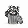 Cute Bin Bandit Raccoon SideKick featuring a smiling raccoon peeking out of a gray trash can with an open lid. Interchangeable 3D printed accessory for Embellish Queen Namelets.