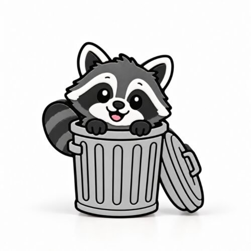 Bin Bandit Raccoon SideKick Cute Bin Bandit Raccoon SideKick featuring a smiling raccoon peeking out of a gray trash can with an open lid. Interchangeable 3D printed accessory for Embellish Queen Namelets.