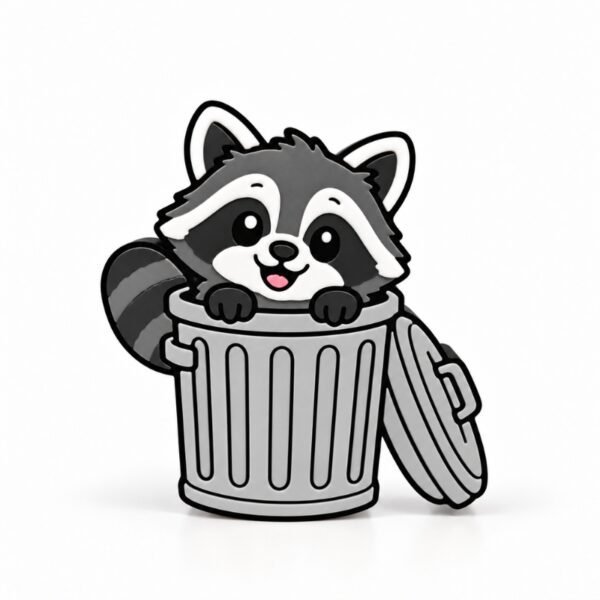 Cute Bin Bandit Raccoon SideKick featuring a smiling raccoon peeking out of a gray trash can with an open lid. Interchangeable 3D printed accessory for Embellish Queen Namelets.