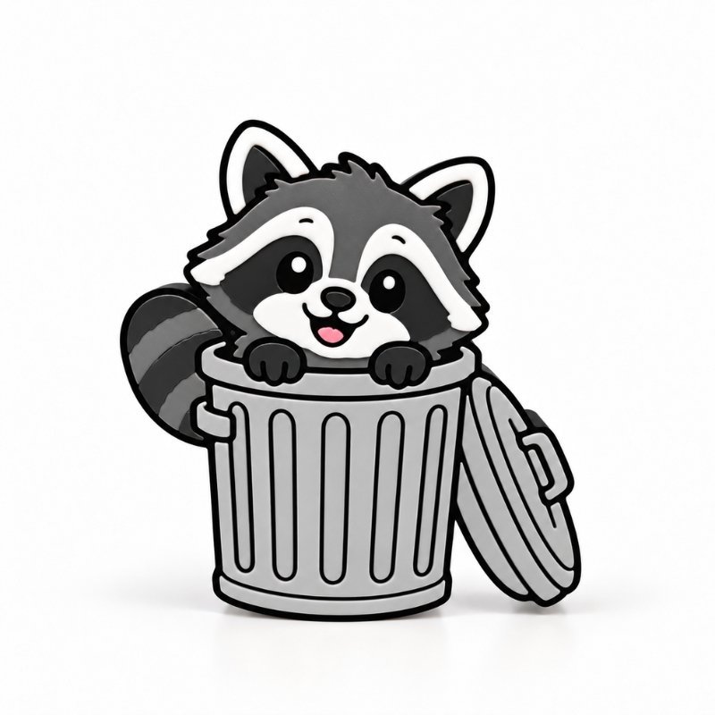 Cute Bin Bandit Raccoon SideKick featuring a smiling raccoon peeking out of a gray trash can with an open lid. Interchangeable 3D printed accessory for Embellish Queen Namelets.