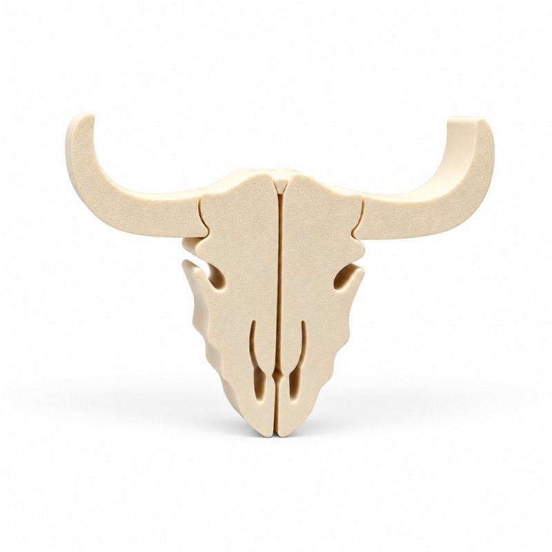 Ivory Bull Skull Sidekick featuring a longhorn skull with curved horns and detailed cutouts, a 3D printed interchangeable accessory for Embellish Queen Namelets.