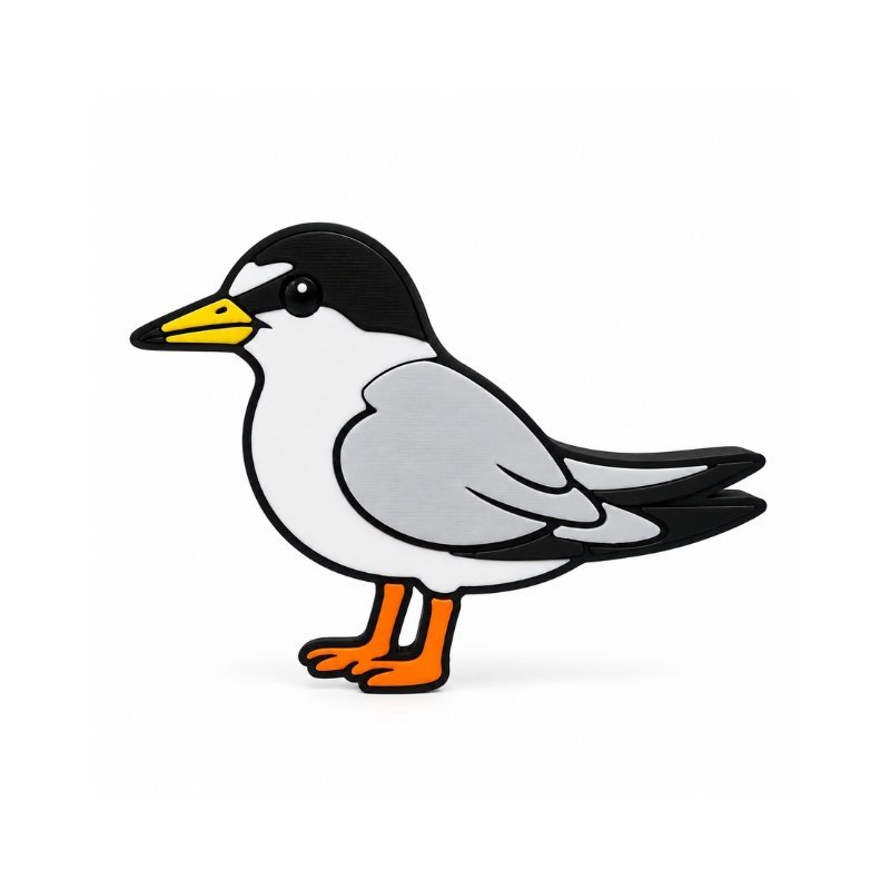 California Least Tern SideKick featuring a black cap, white body, light gray wings, yellow beak, and orange feet. A 3D printed bird accessory for interchangeable Embellish Queen Namelet displays.