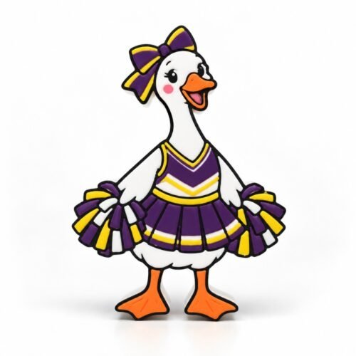 Cheer Goose Sidekick Cheer Goose 3D printed interchangeable Sidekick featuring a cute white goose wearing a purple and yellow cheerleader uniform with matching bow, pom-poms, and orange feet, by Embellish Queen.
