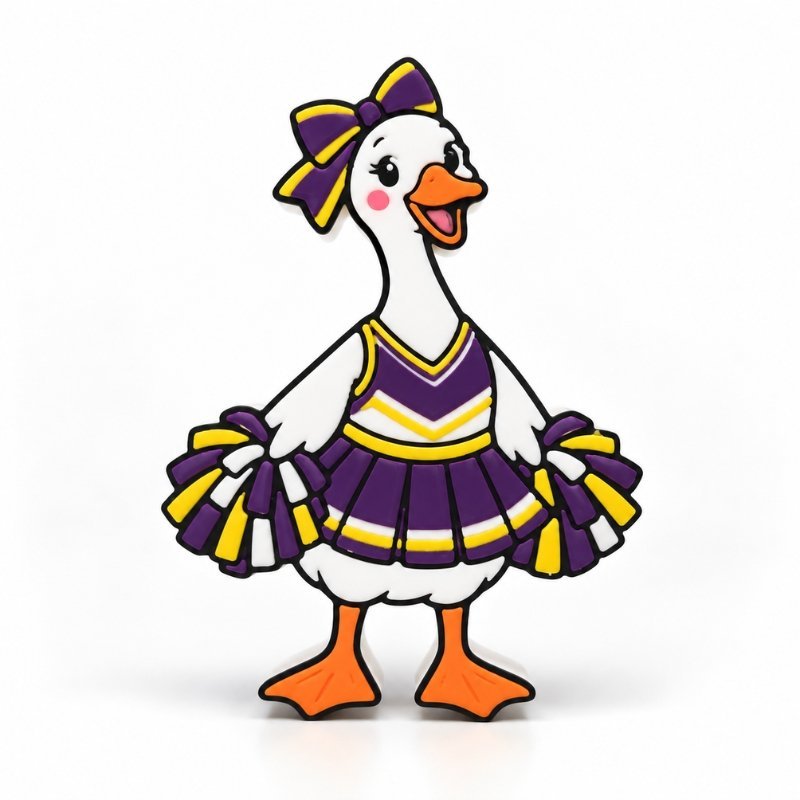 Cheer Goose 3D printed interchangeable Sidekick featuring a cute white goose wearing a purple and yellow cheerleader uniform with matching bow, pom-poms, and orange feet, by Embellish Queen.