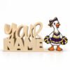 Personalized 3D printed Namelet desk sign featuring the Cheer Goose Sidekick in a purple and yellow cheerleading outfit with matching bow and pom-poms, by Embellish Queen.