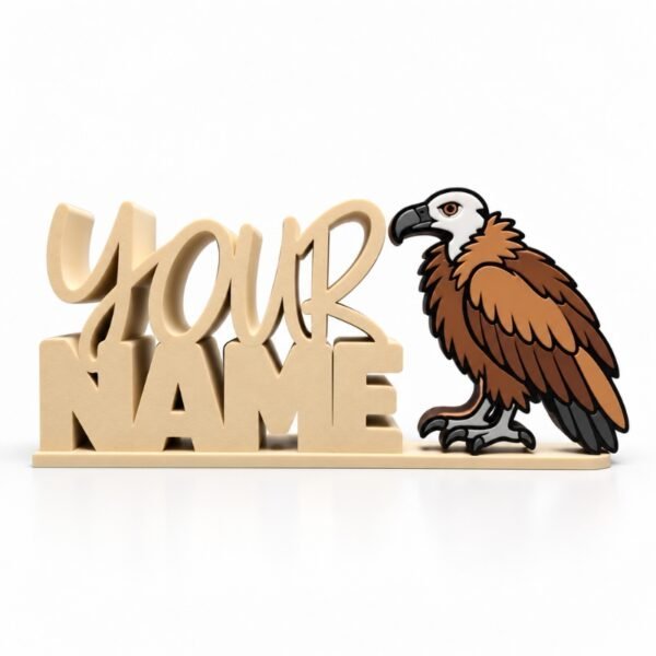 Personalized cream-colored YOUR NAME Namelet desk sign featuring a brown Vulture SideKick with a white head, hooked beak, and gray talons, perfect for wildlife-themed desk decor.