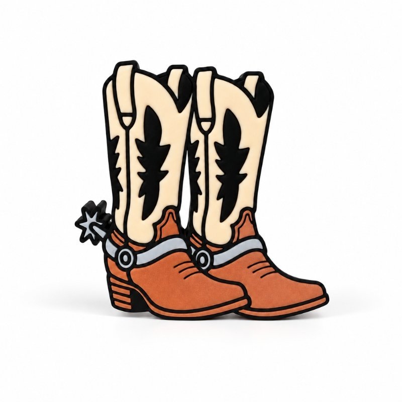 Cowboy Boots Sidekick featuring two western-style boots with cream shafts, black decorative patterns, brown leather-look toes, and silver spurs on a clean white background, designed for Embellish Queen personalized Namelets.