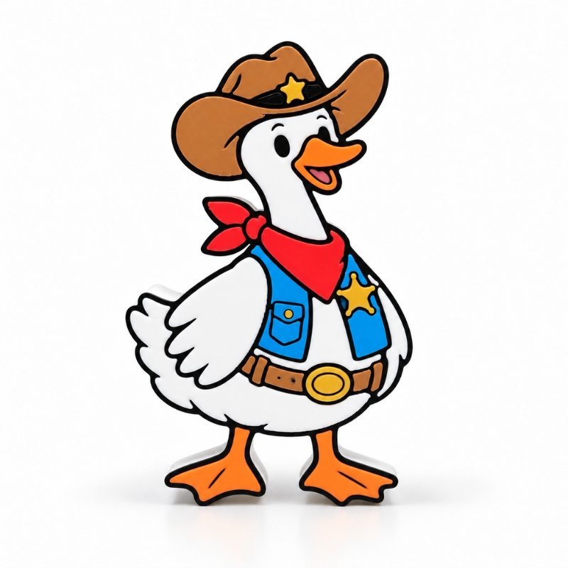 Cowboy Goose SideKick by Embellish Queen featuring a cute white goose wearing a brown sheriff cowboy hat, red bandana, blue western vest, gold star badge, and orange webbed feet.