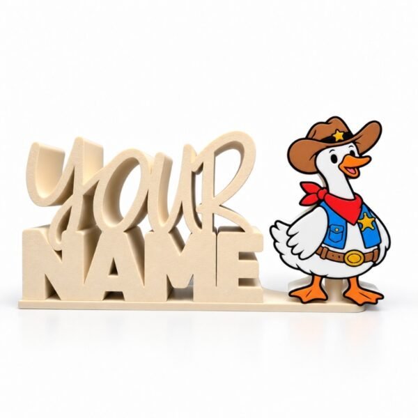 Personalized 3D printed Namelet desk sign in ivory featuring a Cowboy Goose SideKick wearing a brown cowboy hat, red bandana, blue vest, and sheriff badge.