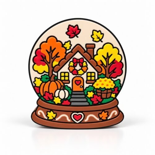 Autumn Snow Globe SideKick featuring a charming fall cottage, colorful autumn trees, pumpkins, falling leaves, and a decorative brown base for seasonal Namelet decor.