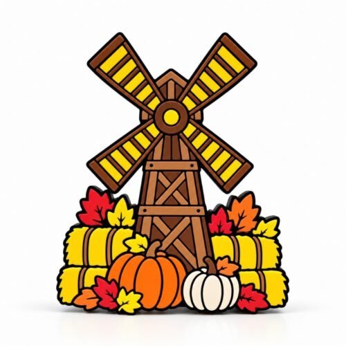 Harvest Windmill SideKick featuring a rustic brown windmill with yellow blades, colorful autumn leaves, hay bales, and pumpkins for fall-themed Namelet desk decor.