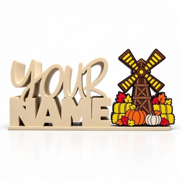 Harvest Windmill SideKick Personalized cream-colored YOUR NAME Namelet desk sign featuring the interchangeable Harvest Windmill SideKick with pumpkins, hay bales, and colorful fall foliage for autumn desk decor.