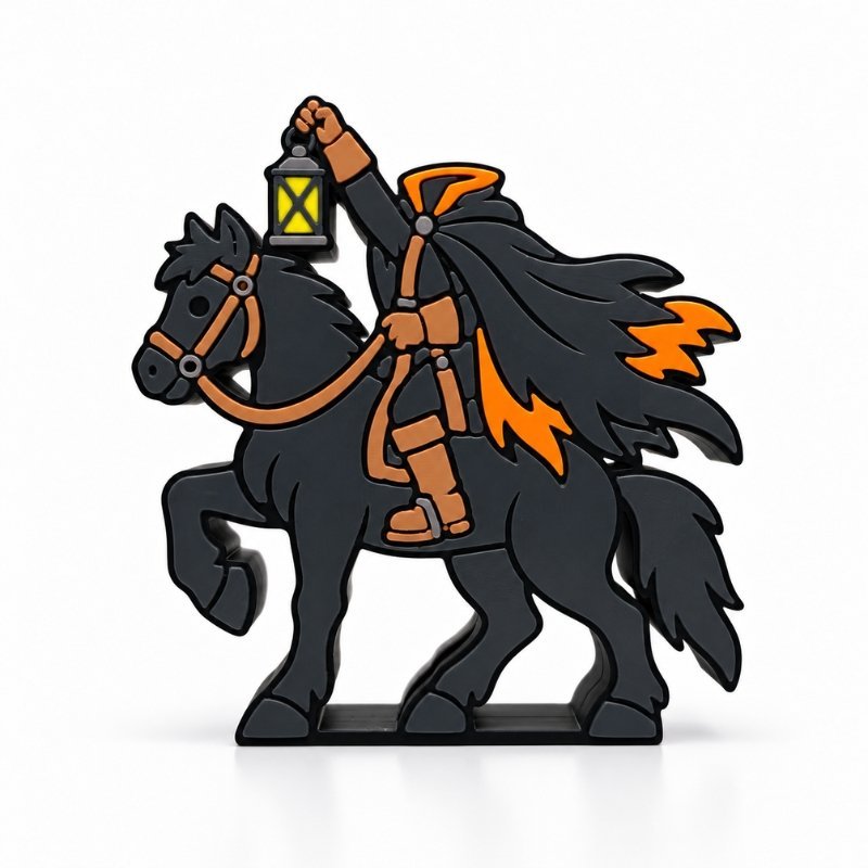 Headless Horseman SideKick featuring a black horse, mysterious cloaked rider, glowing lantern, and orange accents for a spooky Halloween Namelet decoration.