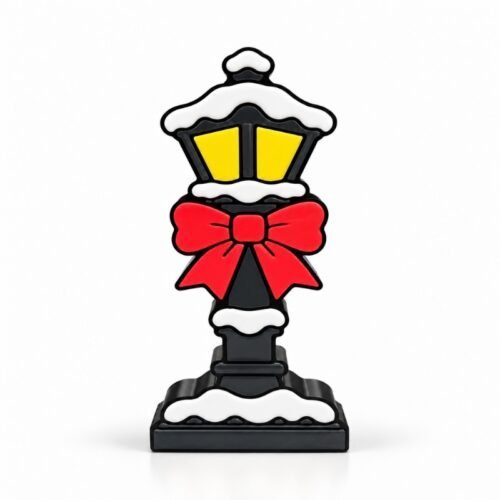 Holiday Lamp Post SideKick featuring a black Christmas street lamp with glowing yellow windows, white snow accents, and a festive red bow.
