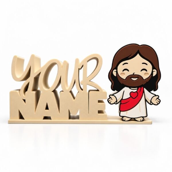 Personalized cream-colored YOUR NAME Namelet desk sign featuring the interchangeable I Heart Jesus SideKick with a smiling Jesus, white robe, red sash, and heart emblem for faith-inspired desk decor.