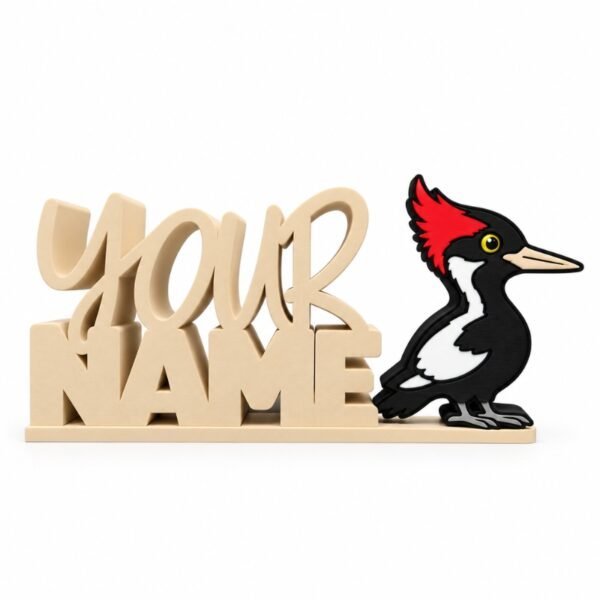 Ivory Billed Woodpecker Personalized cream Namelet desk sign featuring an Ivory-Billed Woodpecker SideKick with a red crest, black and white feathers, and ivory beak.