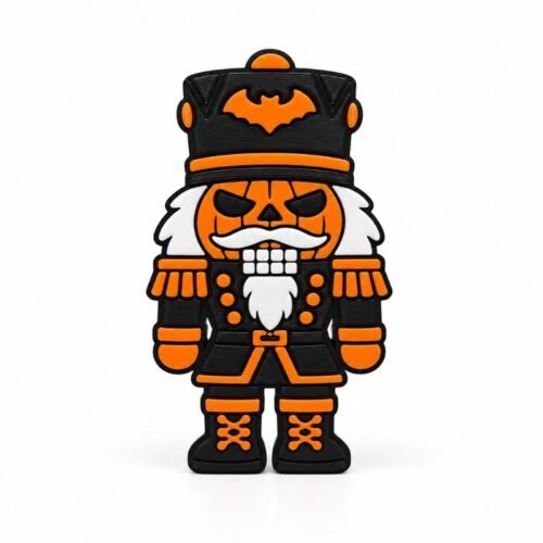 Jack-O-Lantern Nutcracker Halloween SideKick featuring an orange jack-o'-lantern face, black nutcracker uniform with orange accents, white beard, and bat-decorated hat on a white background.
