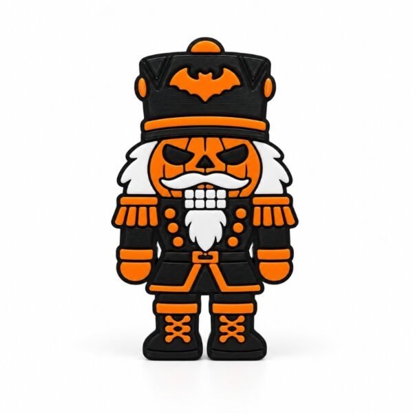 Jack-o-cracker Sidekick Jack-o-cracker Halloween SideKick featuring an orange jack-o'-lantern face, black nutcracker uniform with orange accents, white beard, and bat-decorated hat on a white background.