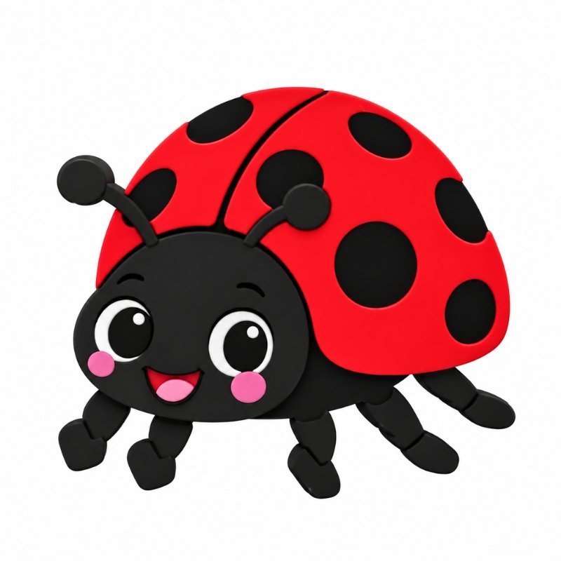 Cute red and black ladybug Sidekick with black spots, big expressive eyes, pink cheeks, a smiling face, and playful antennae, displayed on a clean white background.