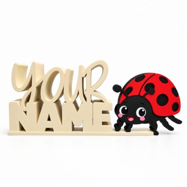 Cream-colored personalized stacked Namelet with script lettering, paired with a cheerful red and black ladybug Sidekick featuring pink cheeks and black spots, displayed on a clean white background.
