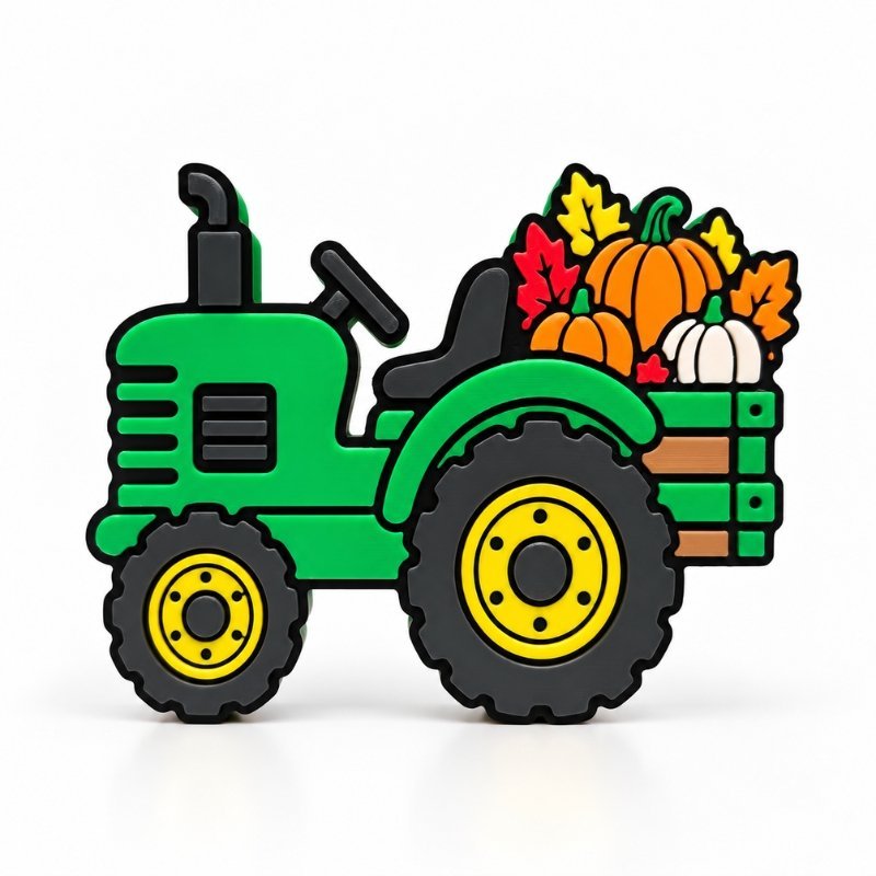 Lil Green Tractor SideKick featuring a green farm tractor with yellow wheels, hauling colorful pumpkins and autumn leaves for a festive fall harvest display.
