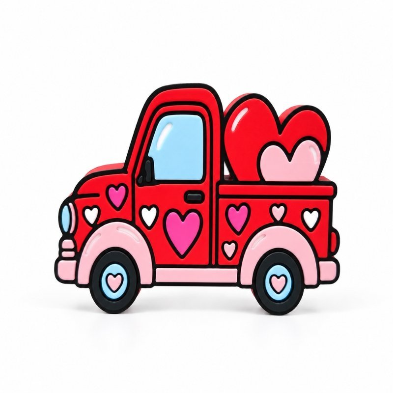 Red Chevy Luv Truck with loads of love Sidekick decorated with pink and white hearts, blue windows, heart-shaped wheel accents, and oversized red and pink hearts in the truck bed. Valentine's Day decor by Embellish Queen.