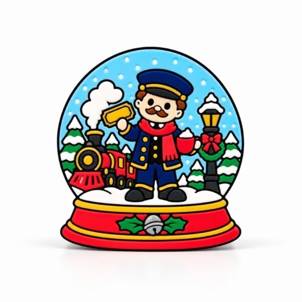 North Pole Express SideKick North Pole Express SideKick featuring a cheerful train conductor, Christmas steam train, snow-covered trees, and festive lamppost inside a colorful holiday snow globe.