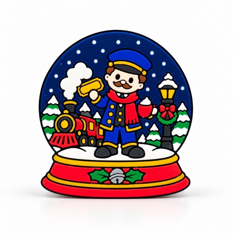North Pole Express SideKick featuring a cheerful train conductor, Christmas steam train, snow-covered trees, and festive lamppost inside a colorful holiday snow globe.