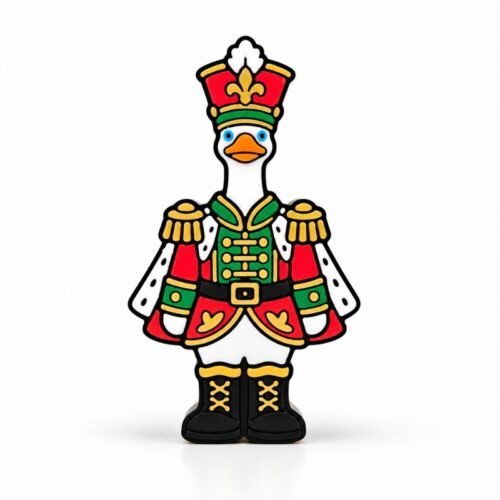 Nutcracker Goose SideKick featuring a white goose dressed in a festive red, green, and gold nutcracker uniform with a decorative hat and black boots. A 3D printed interchangeable SideKick by Embellish Queen.