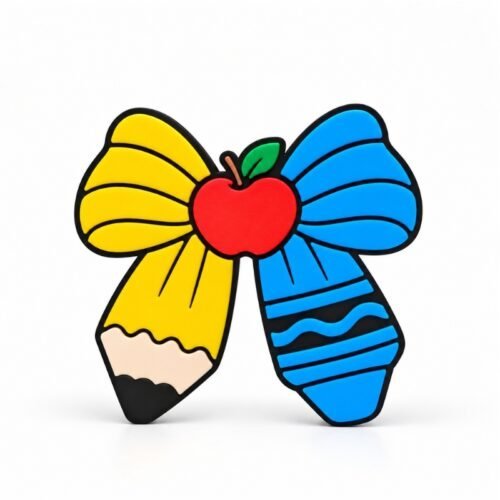 Pencil Crayon Bow Side Kick Colorful Pencil and Crayon Bow Sidekick featuring a yellow pencil, blue crayon, and red apple center with a green leaf, designed for Embellish Queen personalized Namelets.