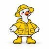 Rainy Day Goose Sidekick by Embellish Queen, featuring a cute white goose wearing a bright yellow raincoat, matching rain hat, and rain boots with black outlines and pink cheeks. Interchangeable decorative Sidekick for personalized Namelet desk signs.