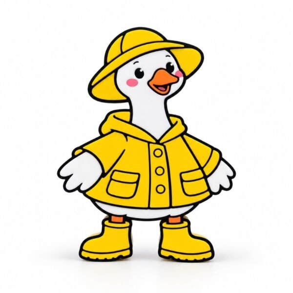 Rainy Day Goose Sidekick by Embellish Queen, featuring a cute white goose wearing a bright yellow raincoat, matching rain hat, and rain boots with black outlines and pink cheeks. Interchangeable decorative Sidekick for personalized Namelet desk signs.