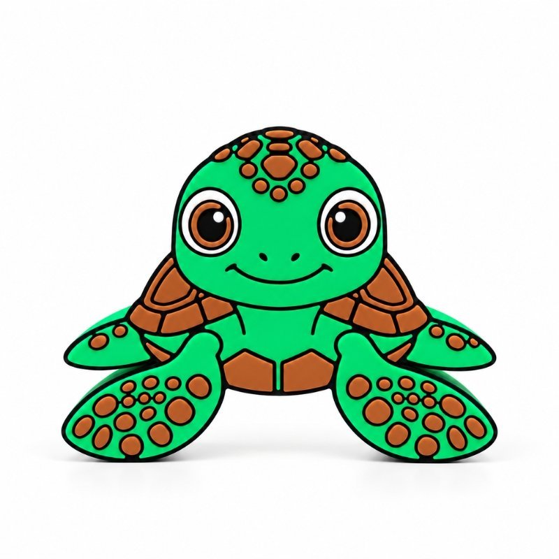 Green Sea Turtle SideKick for personalized Namelet desk signs, featuring a cute smiling face, large brown eyes, brown shell accents, and spotted flippers.
