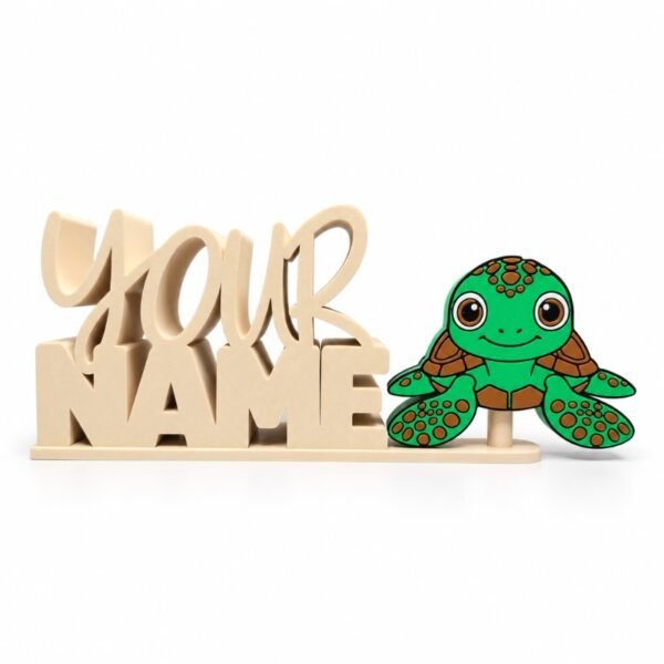 Sea Turtle SideKick Cream-colored personalized Namelet desk sign displaying "YOUR NAME" with a green sea turtle SideKick featuring brown shell details and spotted flippers.