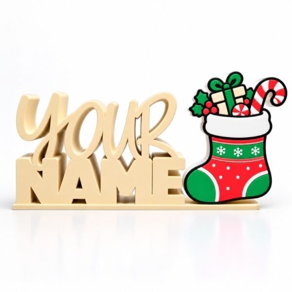 Stocking SideKick Personalized Namelet name plate with a red and green christmas stocking filled with presents, candy canes and peppermints