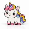 White unicorn sidekick with a pastel pink, yellow, purple, and blue mane and tail, rainbow horn, pink hooves, and black outlines on a soft white background.
