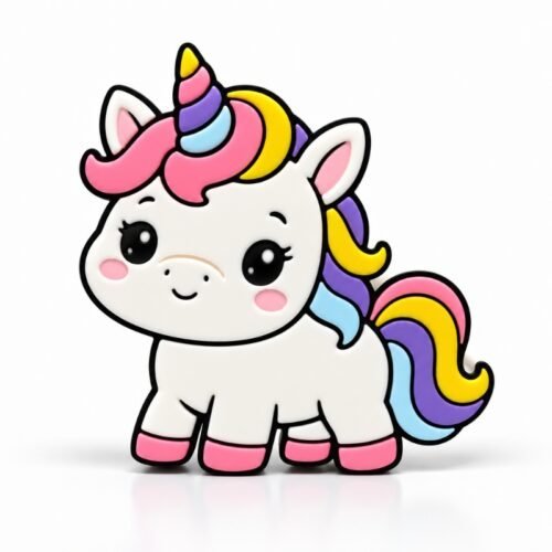 White unicorn sidekick with a pastel pink, yellow, purple, and blue mane and tail, rainbow horn, pink hooves, and black outlines on a soft white background.