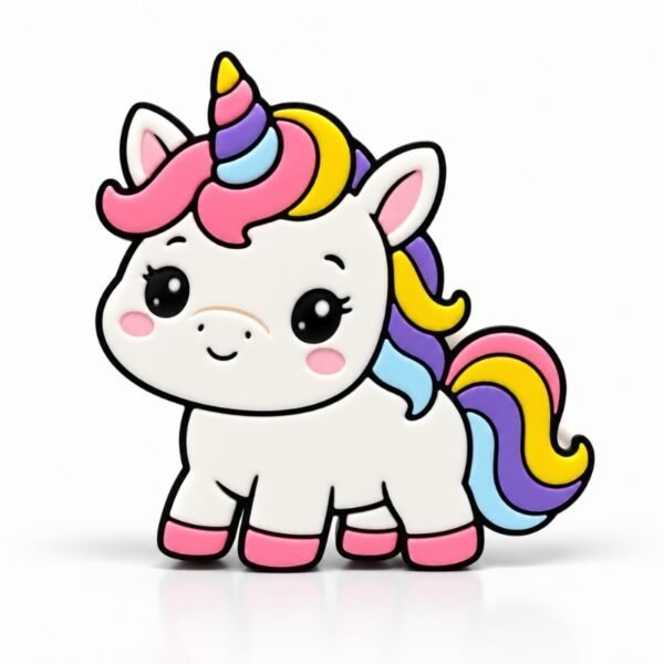 White unicorn sidekick with a pastel pink, yellow, purple, and blue mane and tail, rainbow horn, pink hooves, and black outlines on a soft white background.