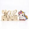 Personalized Namelet name plate with a Cute White Unicorn Sidekick featuring a white unicorn with a pastel pink, yellow, purple, and blue mane and tail, rainbow horn, pink hooves, and black outlines on a soft white background.