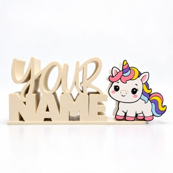 Personalized Namelet name plate with a Cute White Unicorn Sidekick featuring a white unicorn with a pastel pink, yellow, purple, and blue mane and tail, rainbow horn, pink hooves, and black outlines on a soft white background.