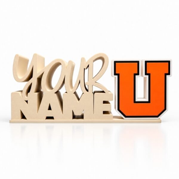 Varsity Letter SideKick Personalized cream-colored Namelet desk sign featuring an orange Varsity Letter U SideKick with black and white trim, perfect for school spirit decor.